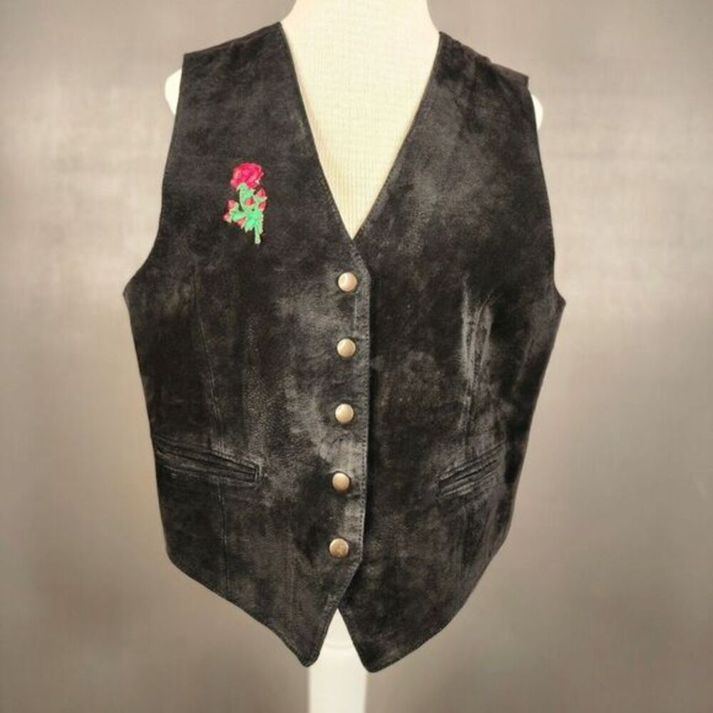 Vintage Gitano Button Down Suede Leather Vest Pockets Black SZ Large Rose *READ*